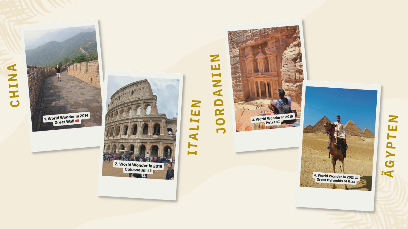 Collage mit Polaroid-Fotos von Reisen zur Chinesischen Mauer, zum Kolosseum, nach Petra und zu den Pyramiden von Gizeh.