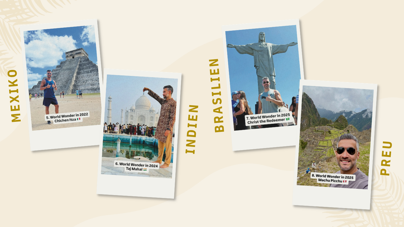 Collage mit Polaroid-Fotos von Reisen nach Chichén Itzá, zum Taj Mahal, zur Christusstatue in Rio und nach Machu Picchu.
