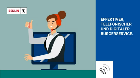 Thumbnail_Buergetelefon / Animierte Person mit Headset ragt aus einem Monitor raus. Rechts vom Bild ein Infobalken.