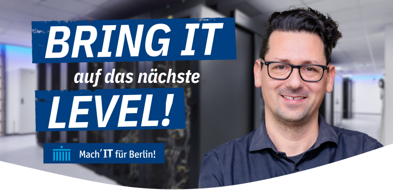 Banner mit Mann, daneben Schrift: Bring IT auf das nächste Level!