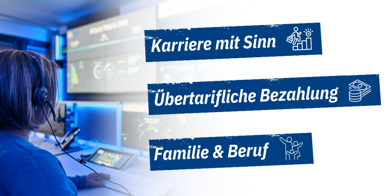 Banner mit Schrift: Karriere mit Sinn; Übertarifliche Bezahlung; Familie & Beruf