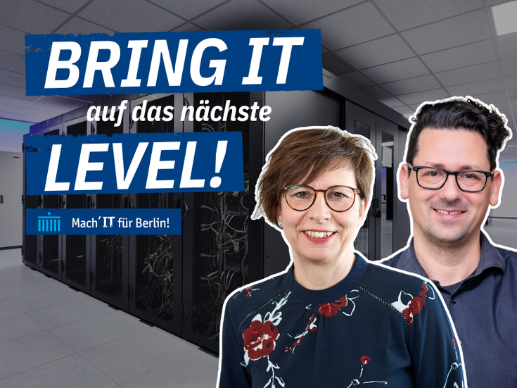 Frau und Mann lächeln, daneben Schriftzug: Bring IT auf das nächste Level