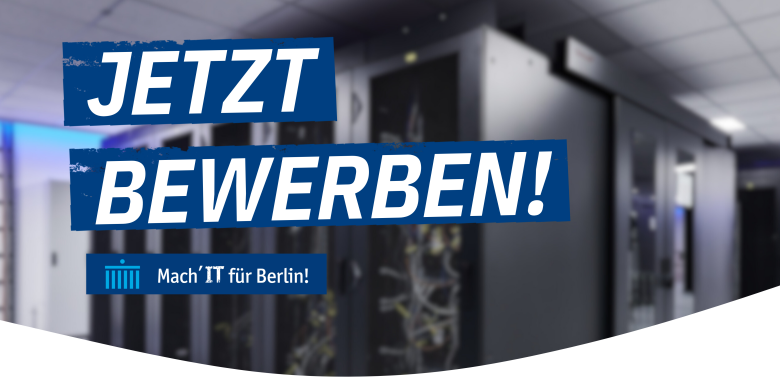 Bild von Rechenzentrum mit Banner: Jetzt bewerben!