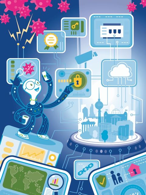Illustration einer roboterartigen Figur, die digitale Sicherheitssysteme für Berlin bedient und Cyberangriffe abwehrt.