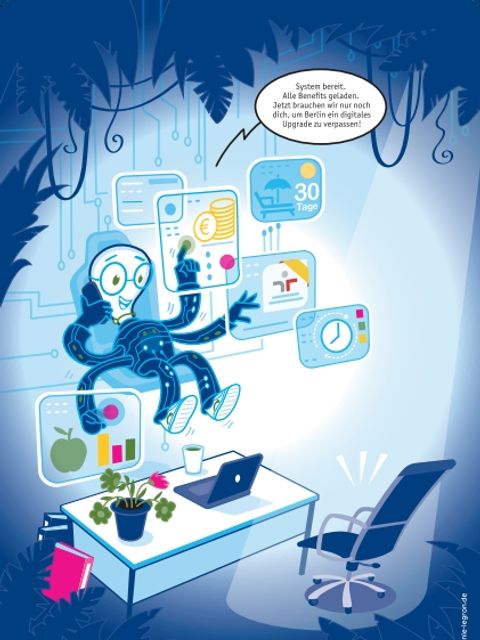 Illustration von bITDZi, der stellvertretend für die Mitarbeitenden des ITDZ Berlin steht. Die Figur sitzt an einem digitalen Arbeitsplatz mit Laptop und ist von schwebenden Anzeigen zu Benefits und Verwaltungsthemen umgeben. Eine Sprechblase kündigt ein digitales Upgrade für Berlin an.