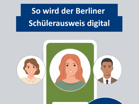 Grafik eines Schülerausweis, dazu Text: So wir der Berliner Schülerausweis digital. Unsere digitalen Services für Berlin.