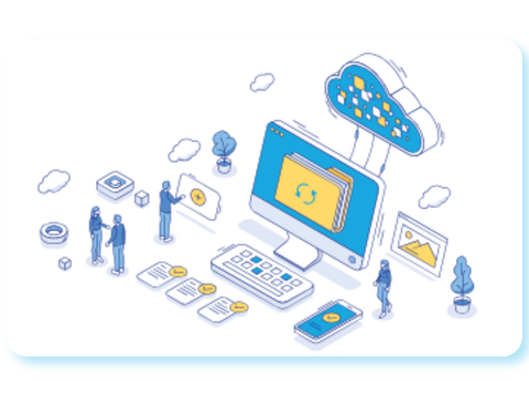 Illustration zur Cloud-Nutzung und digitalen Datenverwaltung: Ein Computerbildschirm mit Ordner-Symbol ist mit einer Cloud verbunden. Darum herum sind Personen, Dokumente, ein Smartphone und weitere digitale Symbole zu sehen.
