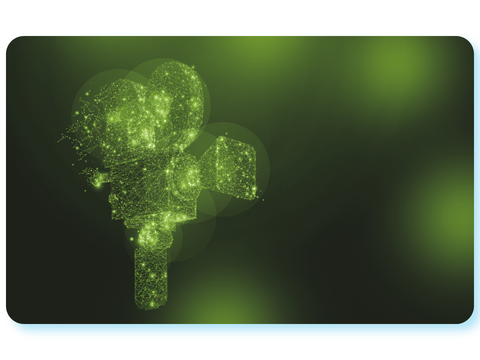 Abstrakte grüne Netzwerk-Grafik in Form einer Videokamera vor dunklem Hintergrund.