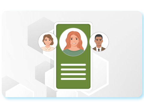 Illustration eines digitalen Profils mit drei Personen-Avataren vor hellem Hexagon-Hintergrund.