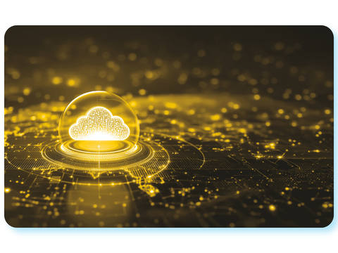 Digitale Cloud-Grafik in leuchtendem Gelb über einem abstrakten Netzwerk aus Datenpunkten.