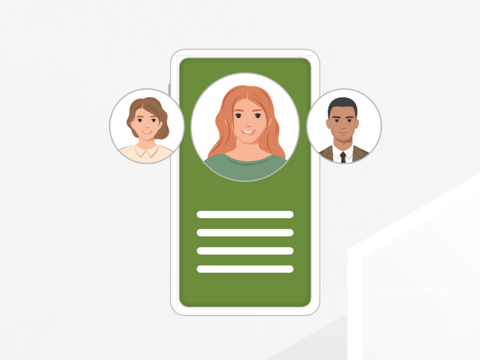 Illustration eines digitalen Profils mit drei Personen-Avataren vor hellem Hexagon-Hintergrund.