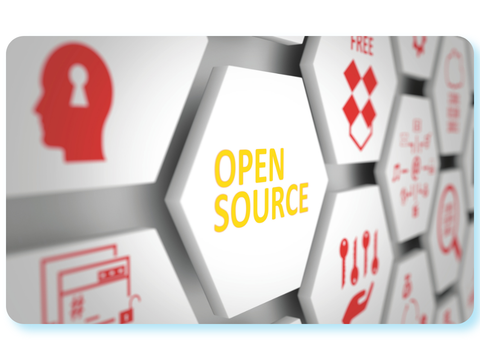Hexagon-Kachel mit der Aufschrift „Open Source“ inmitten weiterer Symbole für digitale Anwendungen und Sicherheit.