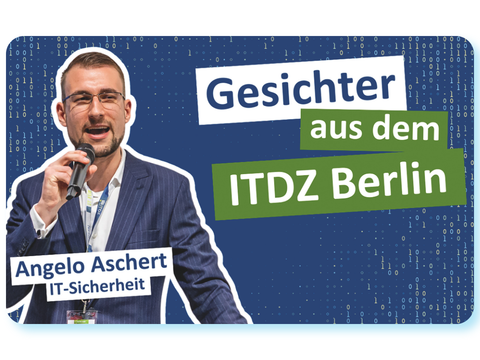 Grafik mit einer Person, die ein Mikrofon hält, und dem Schriftzug „Gesichter aus dem ITDZ Berlin“.