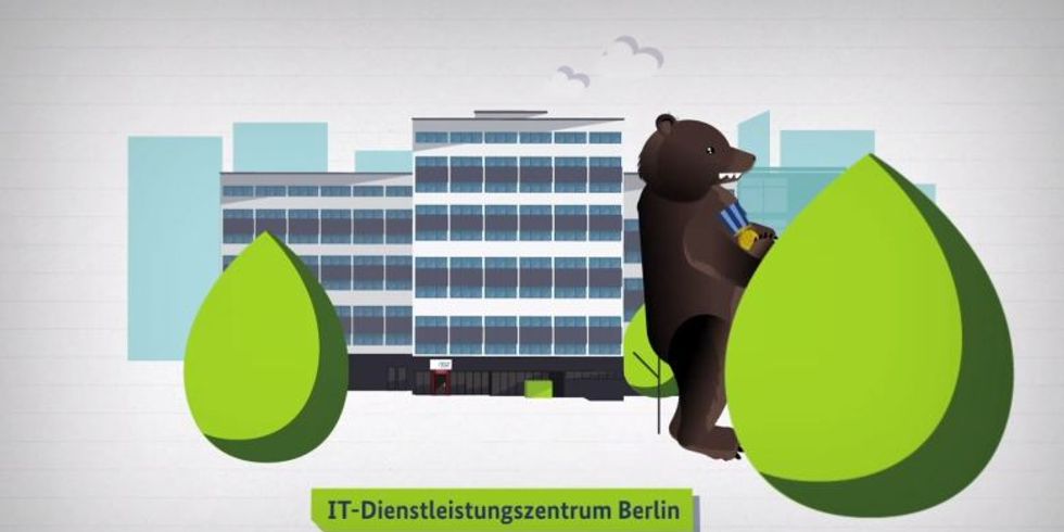 gezeichnetes ITDZ Berlin Gebäude und Bär zwischen zwei Bäumen