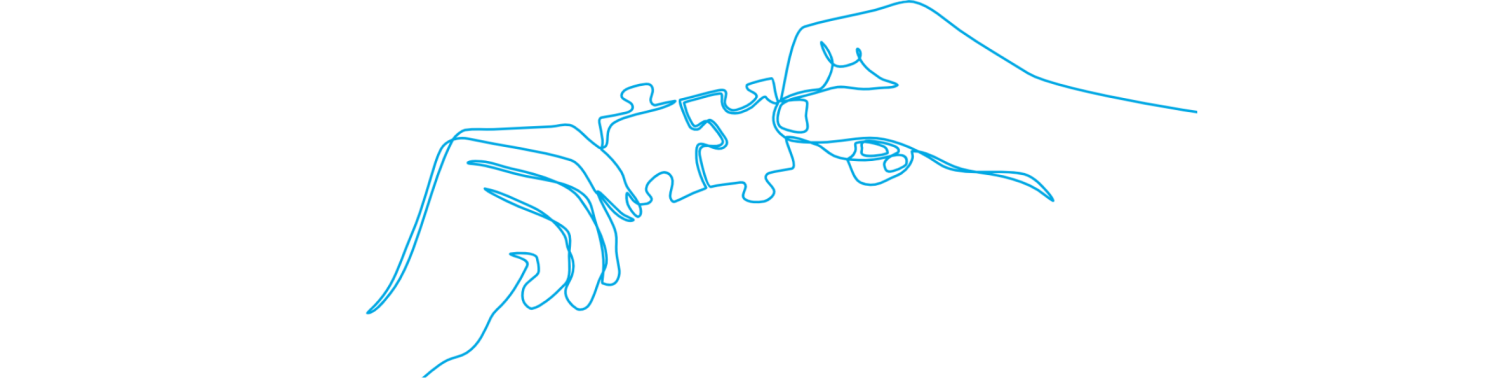Blaue Linienzeichnung von zwei Händen, die Puzzleteile zusammenfügen.
