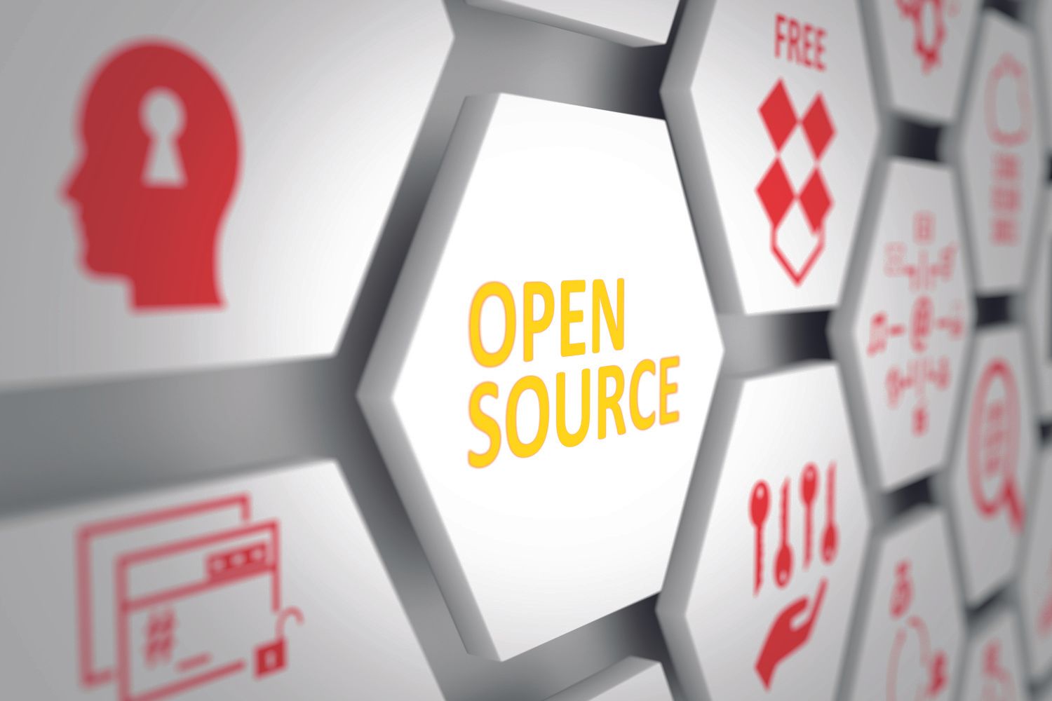 Hexagon-Kachel mit der Aufschrift „Open Source“ inmitten weiterer Symbole für digitale Anwendungen und Sicherheit.