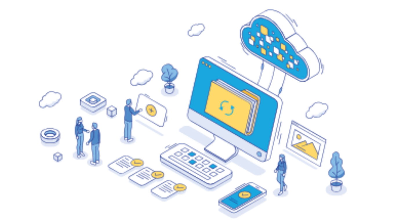 Illustration zur Cloud-Nutzung und digitalen Datenverwaltung: Ein Computerbildschirm mit Ordner-Symbol ist mit einer Cloud verbunden. Darum herum sind Personen, Dokumente, ein Smartphone und weitere digitale Symbole zu sehen.