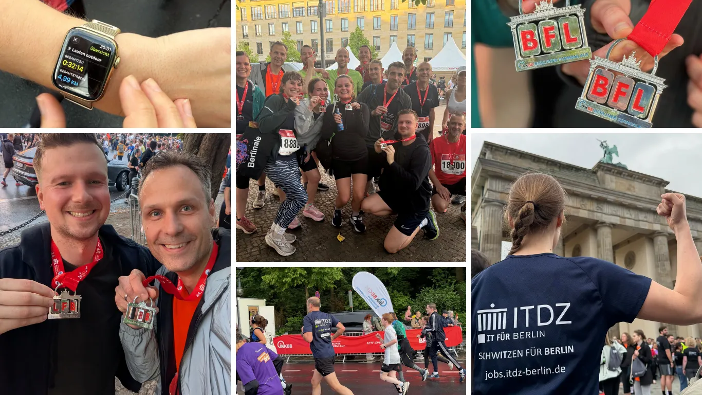 ITDZ Berlin-Team beim Berliner Firmenlauf 2024 mit Medaillen, Laufmomenten und Teamfotos vor dem Brandenburger Tor.