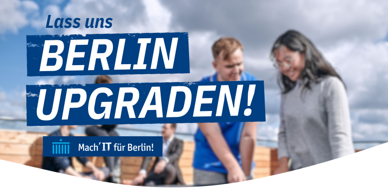Zwei Menschen im Gespräch, daneben Banner mit Schrift: Lass uns Berlin upgraden!