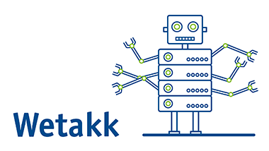 Piktogramm eines Roboter dessen Körper aus Servern besteht, er besitzt sechs arme. Unten Link steht geschrieben "Wetakk"