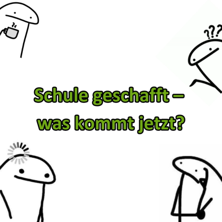 Vier gezeichnete Figuren um den Schriftzug Schule geschafft - was kommt jetzt?